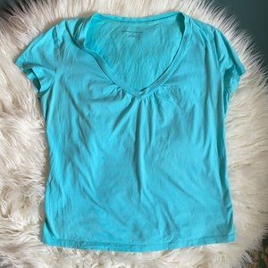 Aqua Shirred V Neck Tee
